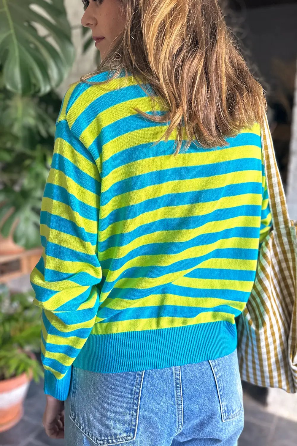 Grateful Threads Boutique Green Stripe Crew Neck Drop Shoulder Casual Sweater - Sweaters Green Stripe Crew Neck Drop Shoulder Casual Sweater