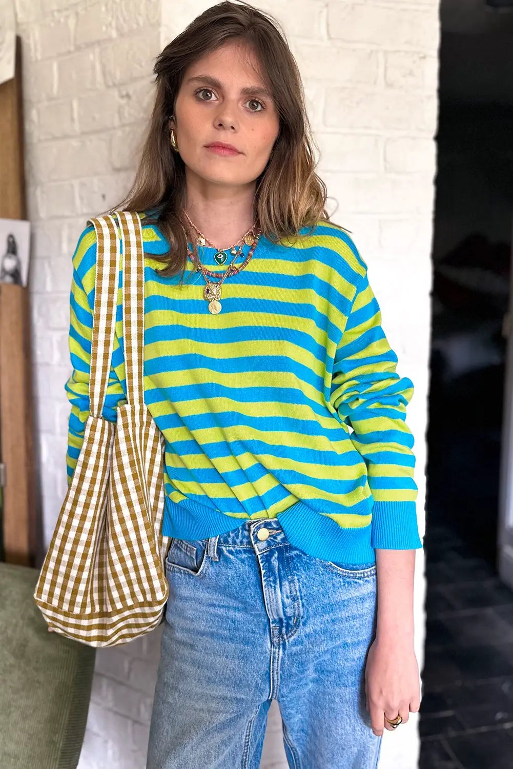 Grateful Threads Boutique Green Stripe Crew Neck Drop Shoulder Casual Sweater - Sweaters Green Stripe Crew Neck Drop Shoulder Casual Sweater