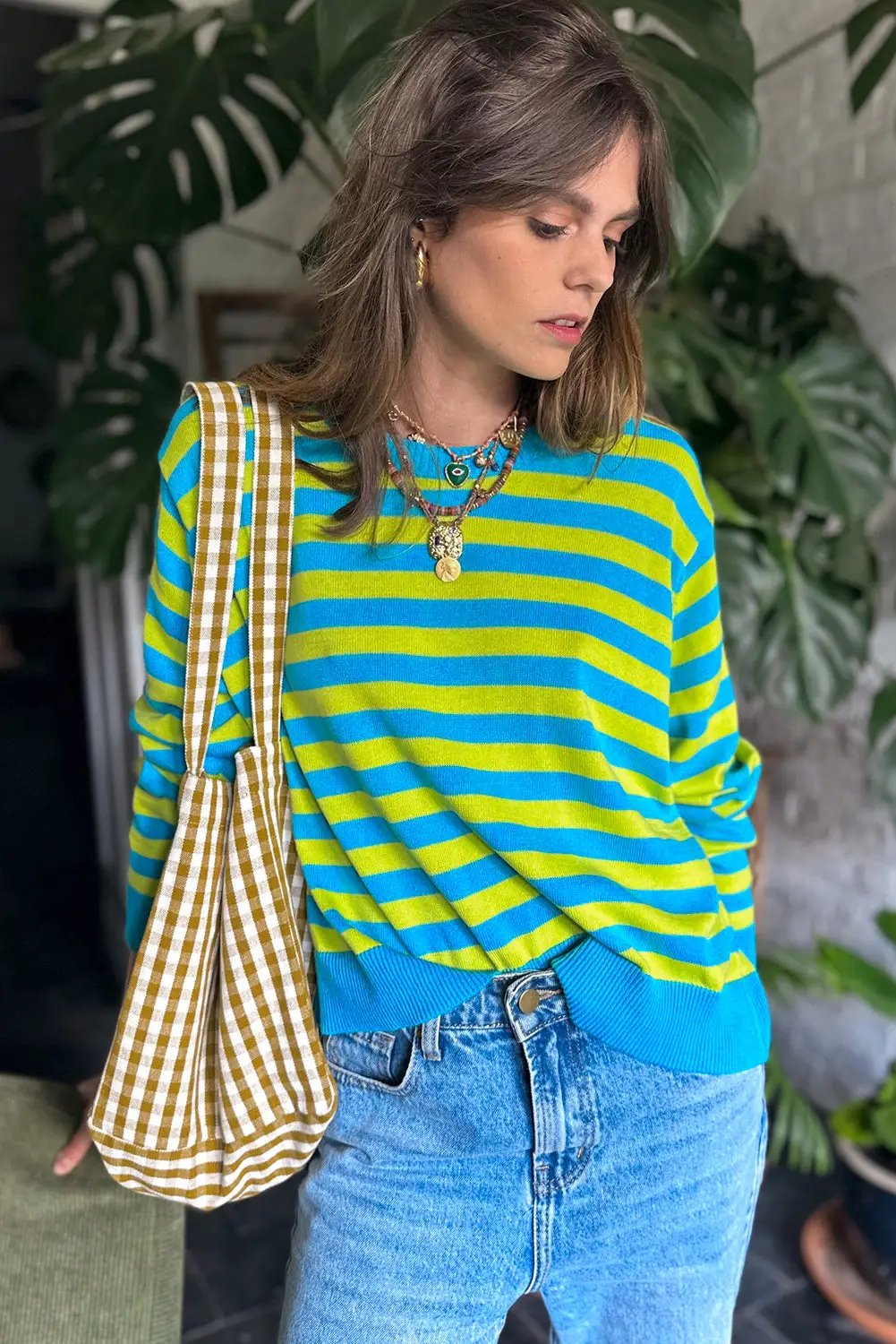 Grateful Threads Boutique Green Stripe Crew Neck Drop Shoulder Casual Sweater - Sweaters Green Stripe Crew Neck Drop Shoulder Casual Sweater
