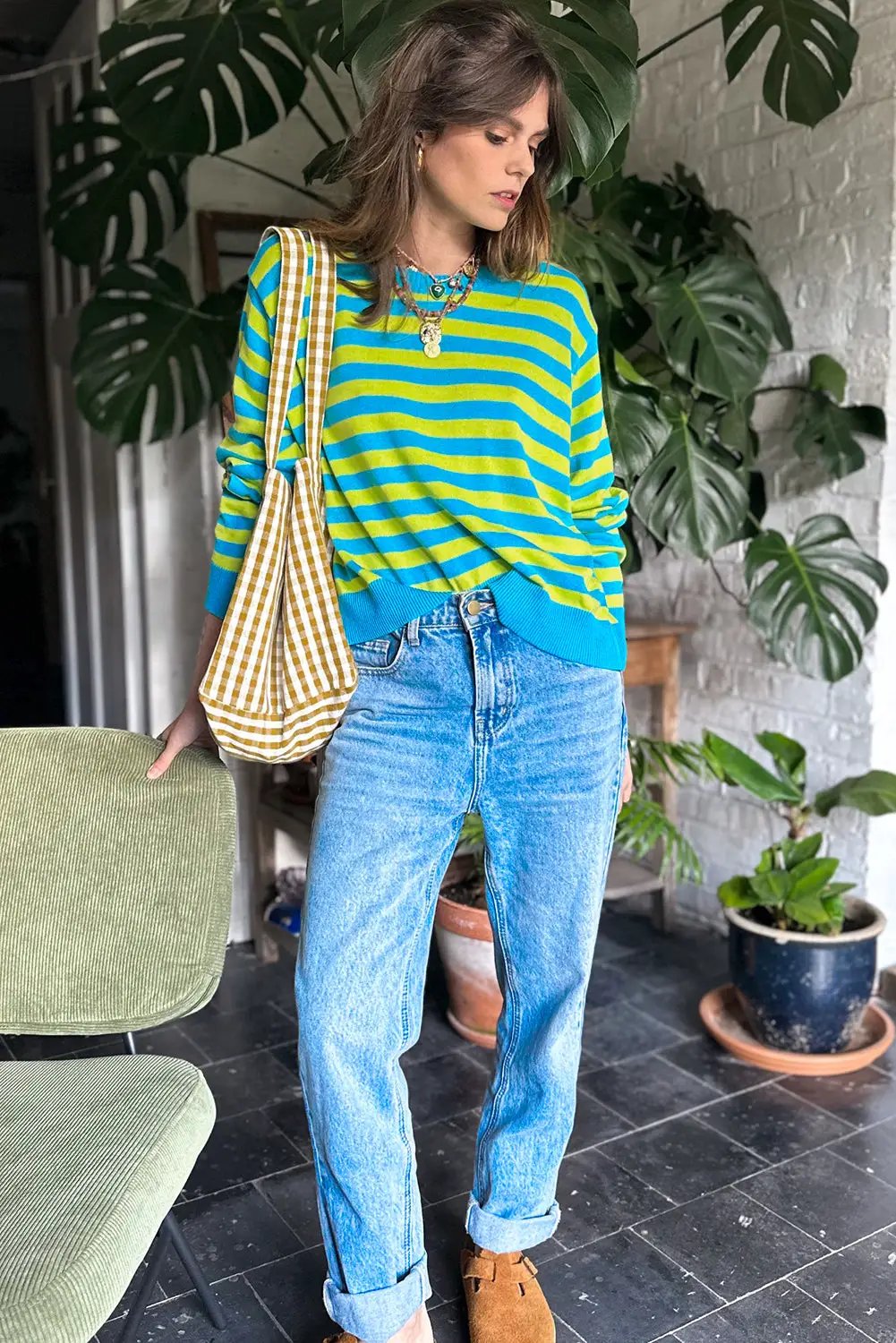 Grateful Threads Boutique Green Stripe Crew Neck Drop Shoulder Casual Sweater - Sweaters Green Stripe Crew Neck Drop Shoulder Casual Sweater