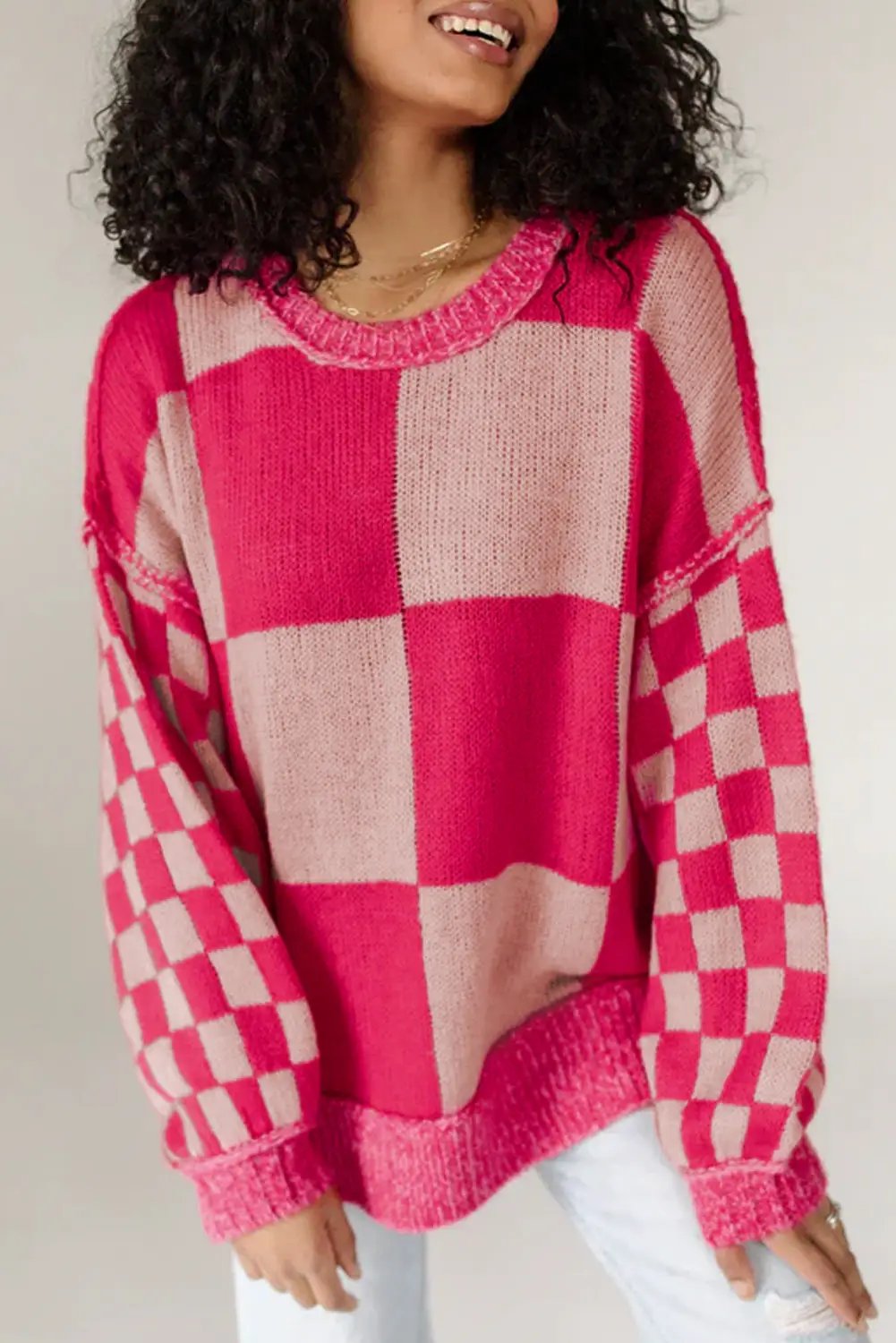 Grateful Threads Boutique Rose Red Mixed Checkered Pattern Drop Shoulder Loose Sweater - Sweaters Rose Red Mixed Checkered Pattern Drop Shoulder Loose Sweater