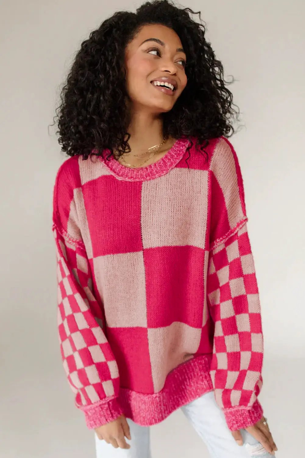 Grateful Threads Boutique Rose Red Mixed Checkered Pattern Drop Shoulder Loose Sweater - Sweaters Rose Red Mixed Checkered Pattern Drop Shoulder Loose Sweater