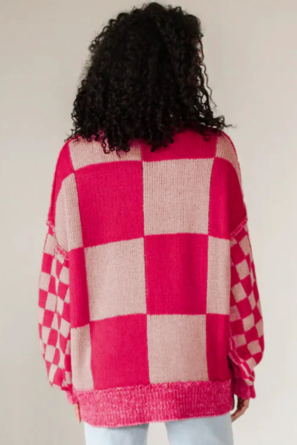 Grateful Threads Boutique Rose Red Mixed Checkered Pattern Drop Shoulder Loose Sweater - Sweaters Rose Red Mixed Checkered Pattern Drop Shoulder Loose Sweater