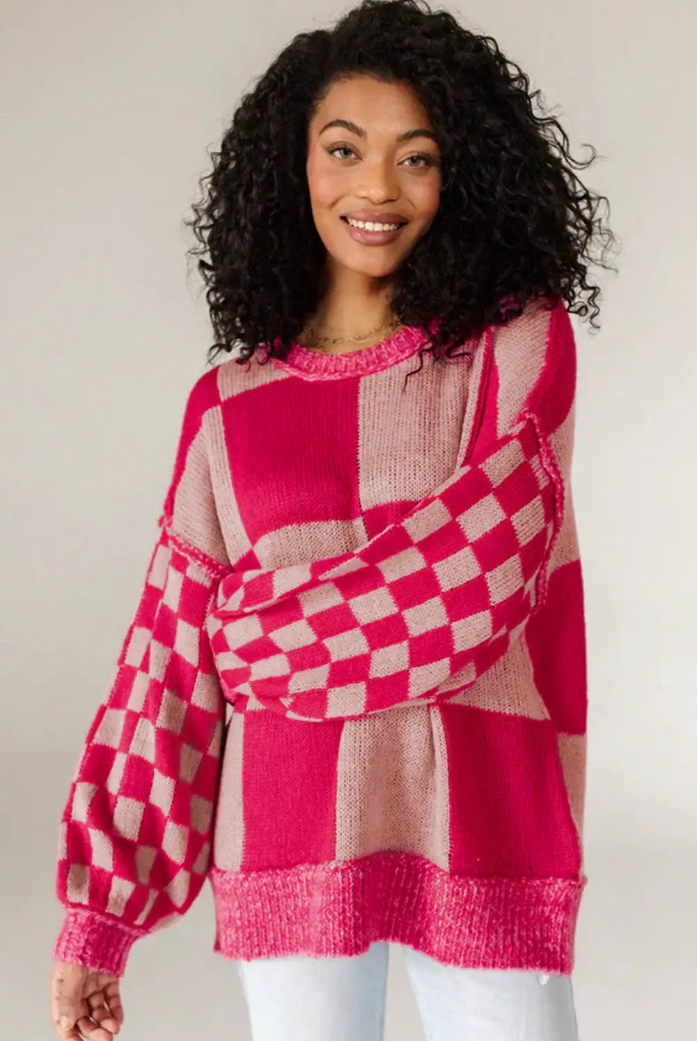 Grateful Threads Boutique Rose Red Mixed Checkered Pattern Drop Shoulder Loose Sweater - Sweaters Rose Red Mixed Checkered Pattern Drop Shoulder Loose Sweater