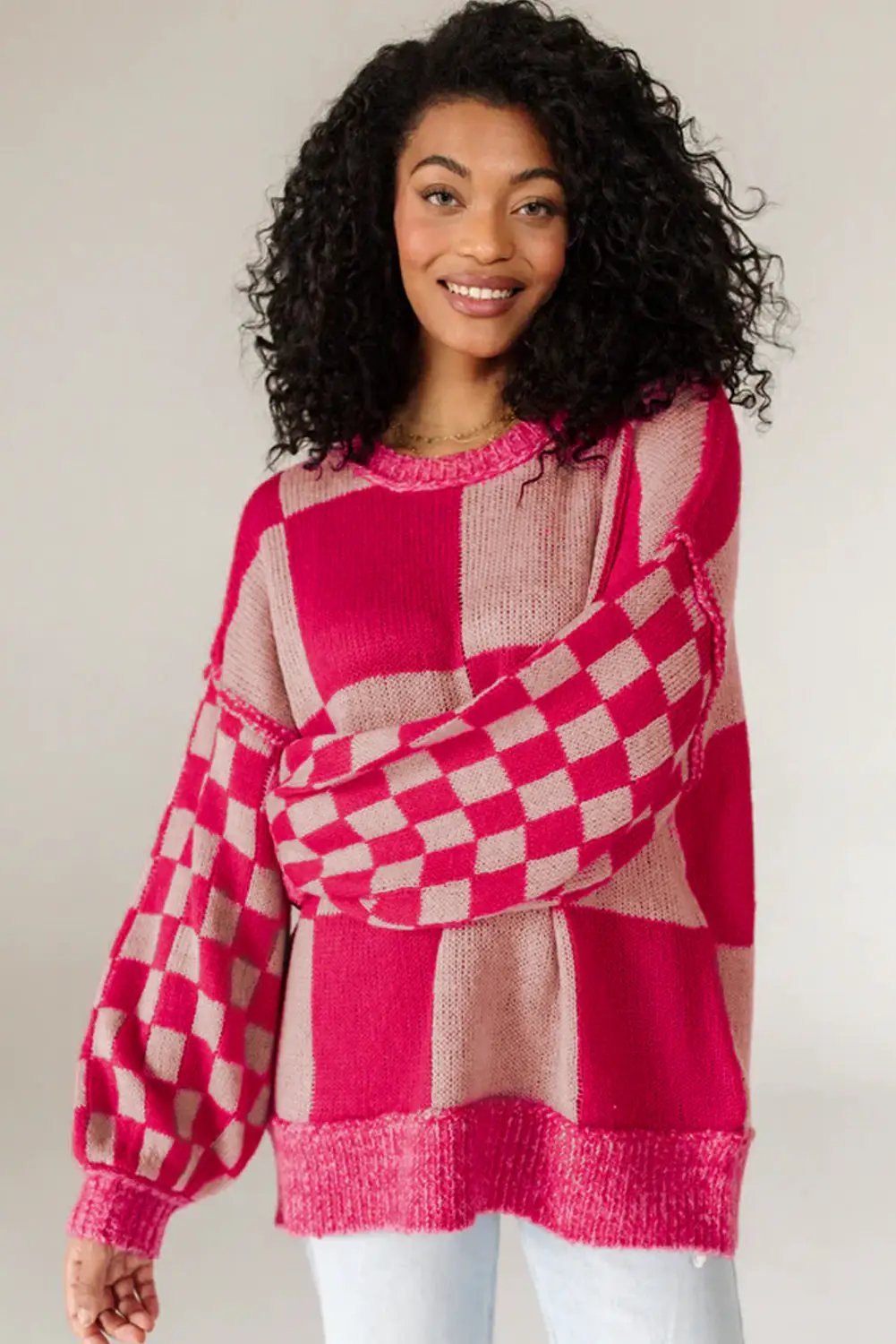 Grateful Threads Boutique Rose Red Mixed Checkered Pattern Drop Shoulder Loose Sweater - Sweaters Rose Red Mixed Checkered Pattern Drop Shoulder Loose Sweater