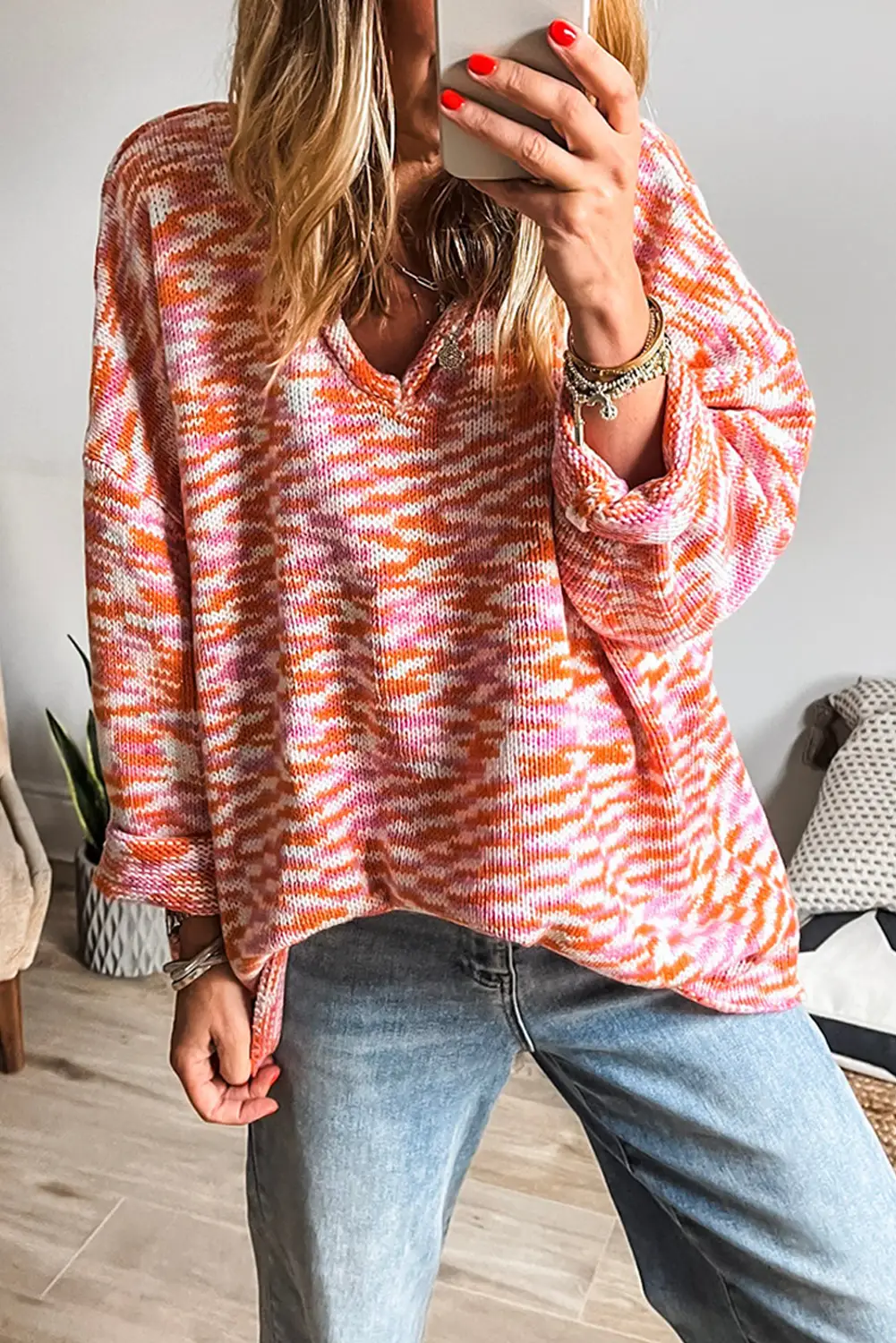 Grateful Threads Boutique Orange Vibrant Print Drop Shoulder V-Neck Oversized Sweater - Sweaters Orange Vibrant Print Drop Shoulder V Neck Oversized Sweater