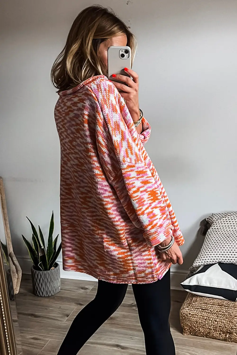 Grateful Threads Boutique Orange Vibrant Print Drop Shoulder V-Neck Oversized Sweater - Sweaters Orange Vibrant Print Drop Shoulder V Neck Oversized Sweater