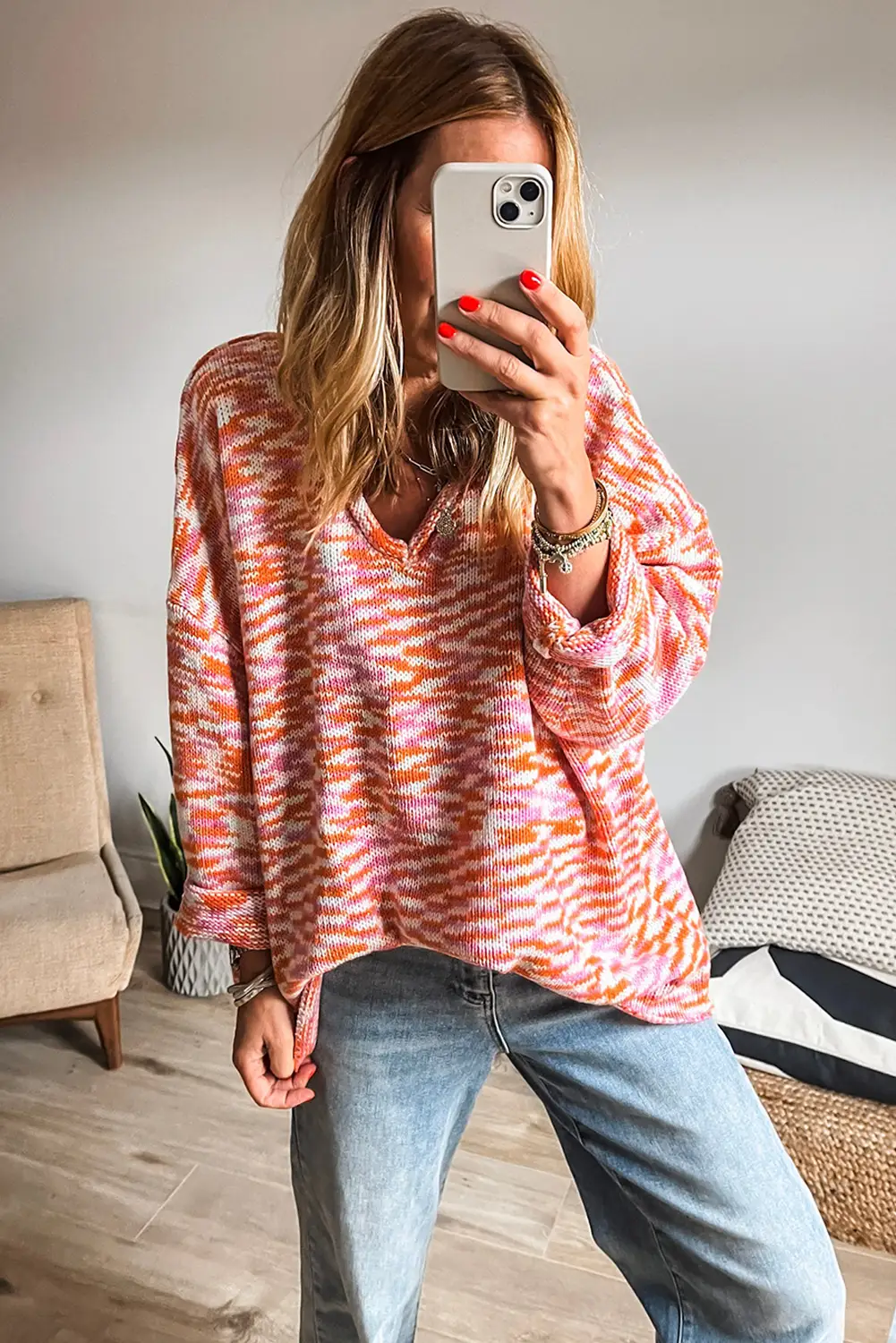 Grateful Threads Boutique Orange Vibrant Print Drop Shoulder V-Neck Oversized Sweater - Sweaters Orange Vibrant Print Drop Shoulder V Neck Oversized Sweater