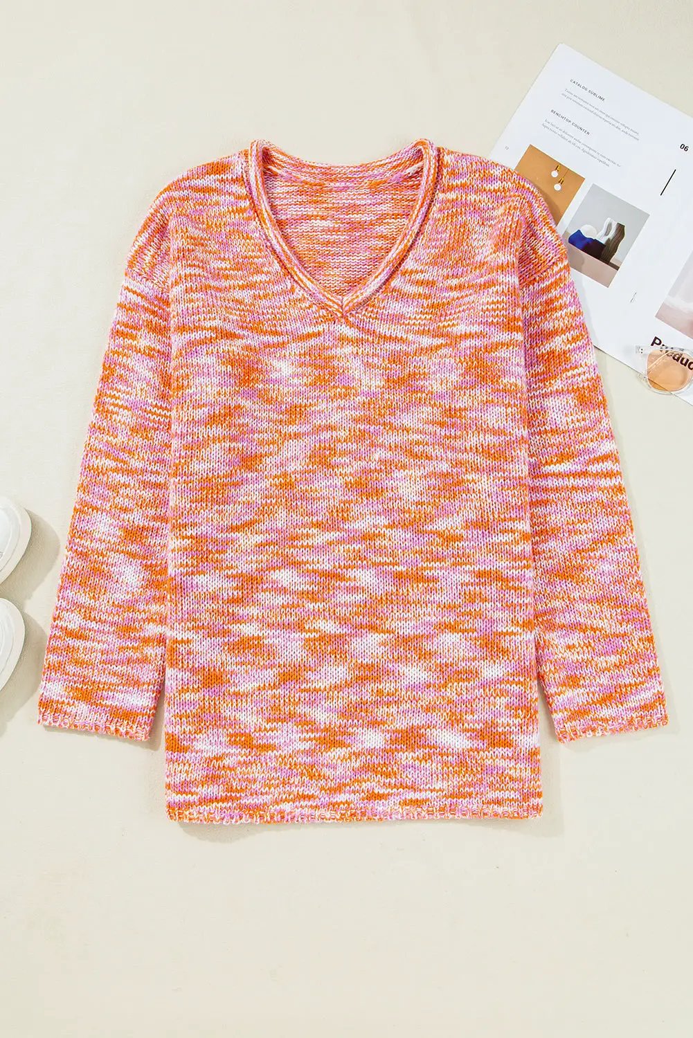 Grateful Threads Boutique Orange Vibrant Print Drop Shoulder V-Neck Oversized Sweater - Sweaters Orange Vibrant Print Drop Shoulder V Neck Oversized Sweater