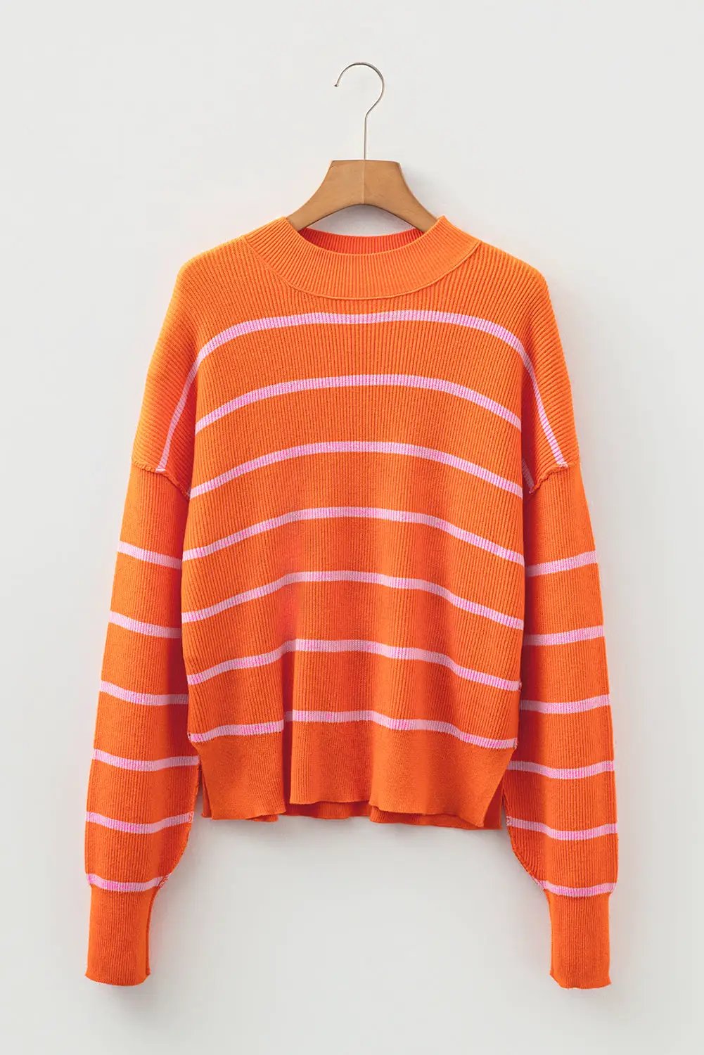 Grateful Threads Boutique Orange Stripe Ribbed High Neck Drop Shoulder Loose Sweater - Sweaters Orange Stripe Ribbed High Neck Drop Shoulder Loose Sweater