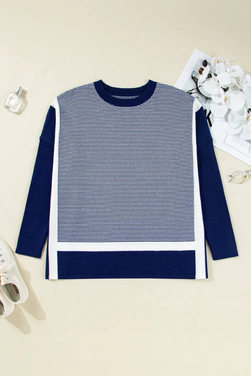 Grateful Threads Boutique Blue Stripe Color Block Patchwork Dolman Oversize Tunic Sweater - Tunics Blue Stripe Color Block Patchwork Dolman Oversize Tunic Sweater