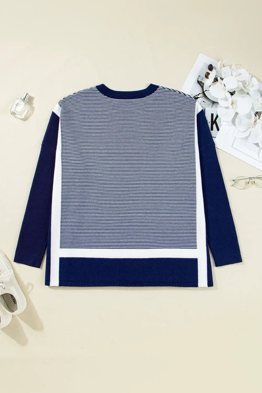 Grateful Threads Boutique Blue Stripe Color Block Patchwork Dolman Oversize Tunic Sweater - Tunics Blue Stripe Color Block Patchwork Dolman Oversize Tunic Sweater