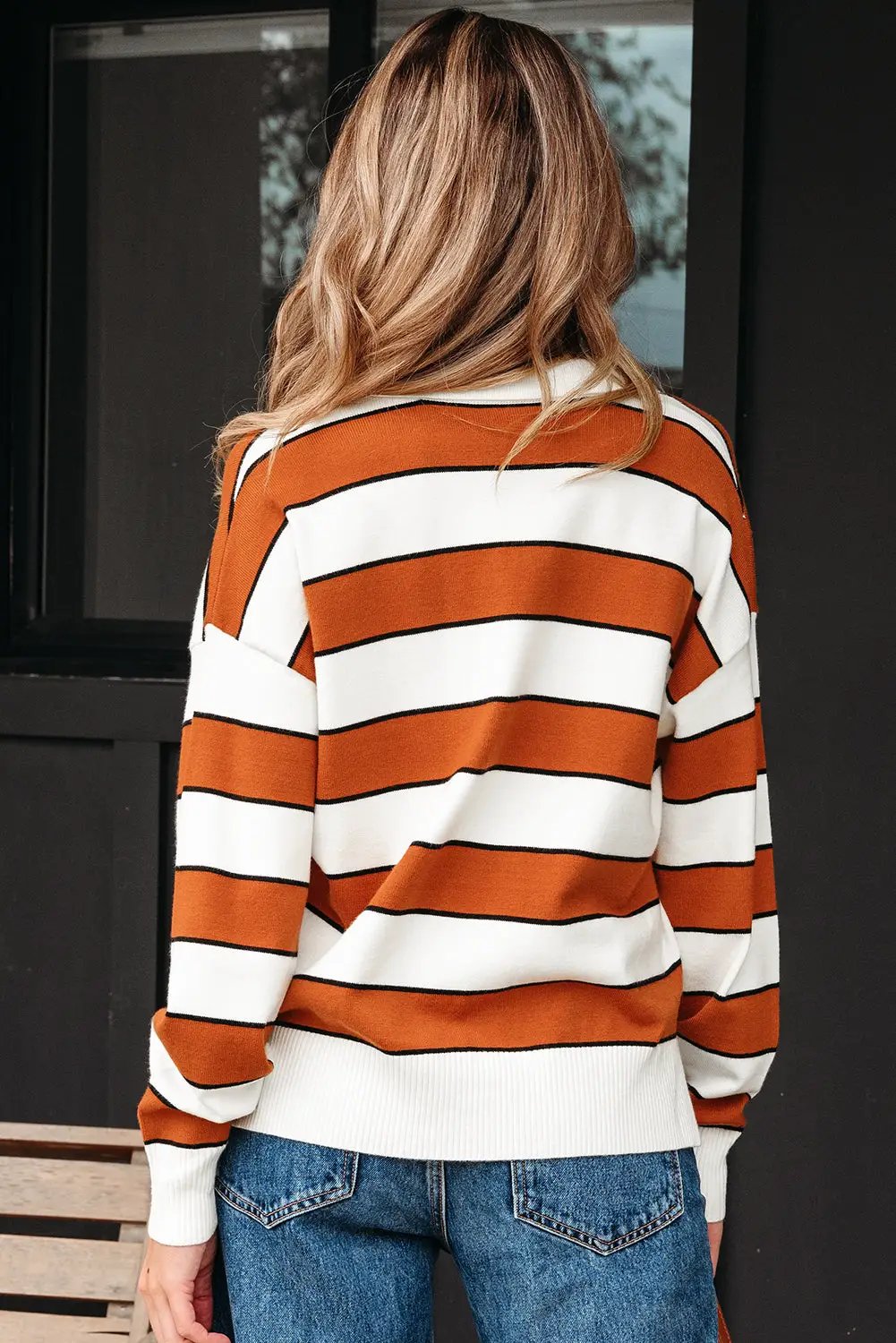 Grateful Threads Boutique Brown Stripe Ribbed Polo Collar Drop Shoulder Sweater - Sweaters Brown Stripe Ribbed Polo Collar Drop Shoulder Sweater
