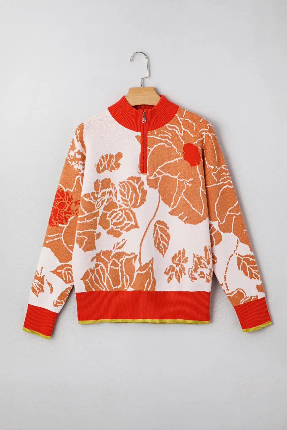 Grateful Threads Boutique Khaki Ribbed Detail Floral Pattern Knit Zip Collar Pullover Sweater - Sweaters Khaki Ribbed Detail Floral Pattern Knit Zip Collar Pullover Sweater