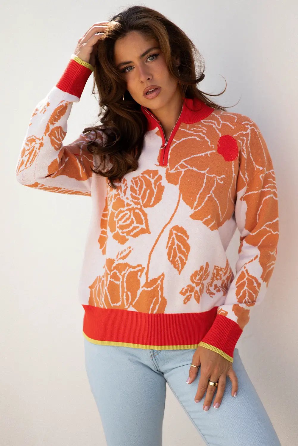 Grateful Threads Boutique Khaki Ribbed Detail Floral Pattern Knit Zip Collar Pullover Sweater - Sweaters Khaki Ribbed Detail Floral Pattern Knit Zip Collar Pullover Sweater
