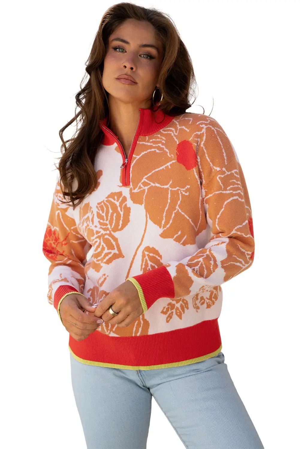 Grateful Threads Boutique Khaki Ribbed Detail Floral Pattern Knit Zip Collar Pullover Sweater - Sweaters Khaki Ribbed Detail Floral Pattern Knit Zip Collar Pullover Sweater