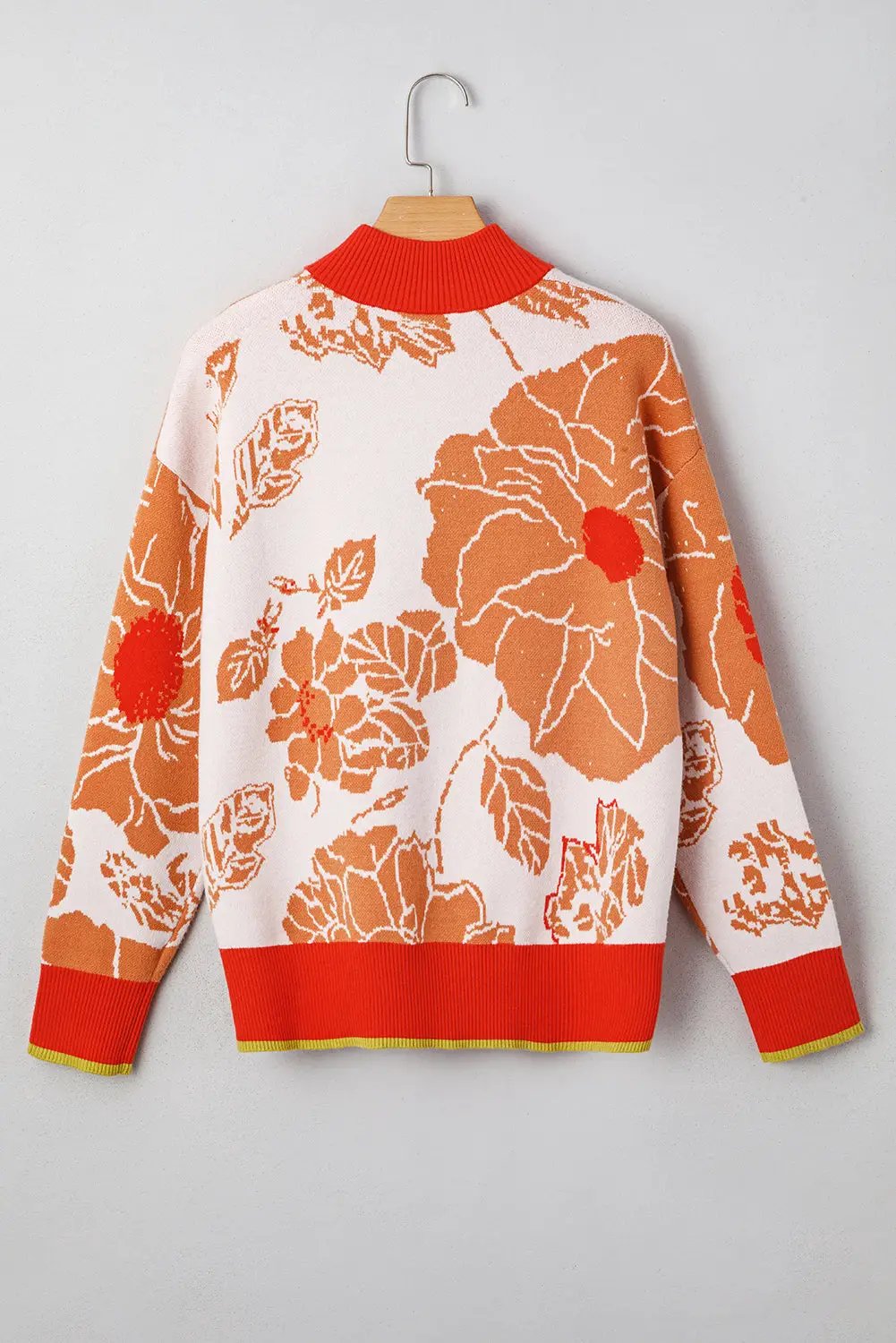 Grateful Threads Boutique Khaki Ribbed Detail Floral Pattern Knit Zip Collar Pullover Sweater - Sweaters Khaki Ribbed Detail Floral Pattern Knit Zip Collar Pullover Sweater