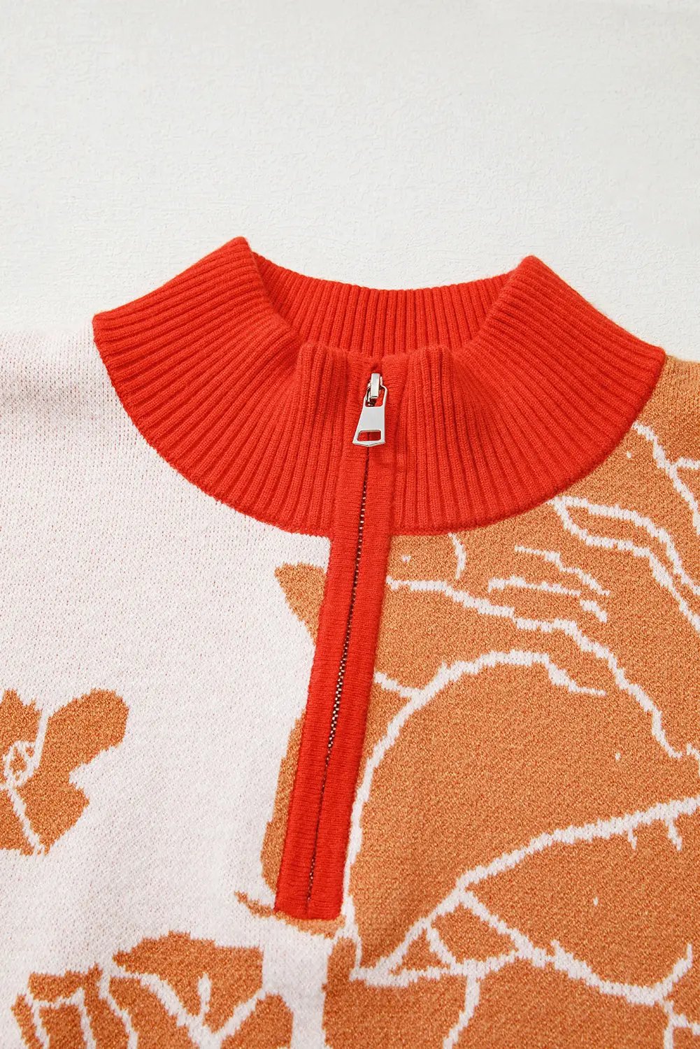 Grateful Threads Boutique Khaki Ribbed Detail Floral Pattern Knit Zip Collar Pullover Sweater - Sweaters Khaki Ribbed Detail Floral Pattern Knit Zip Collar Pullover Sweater