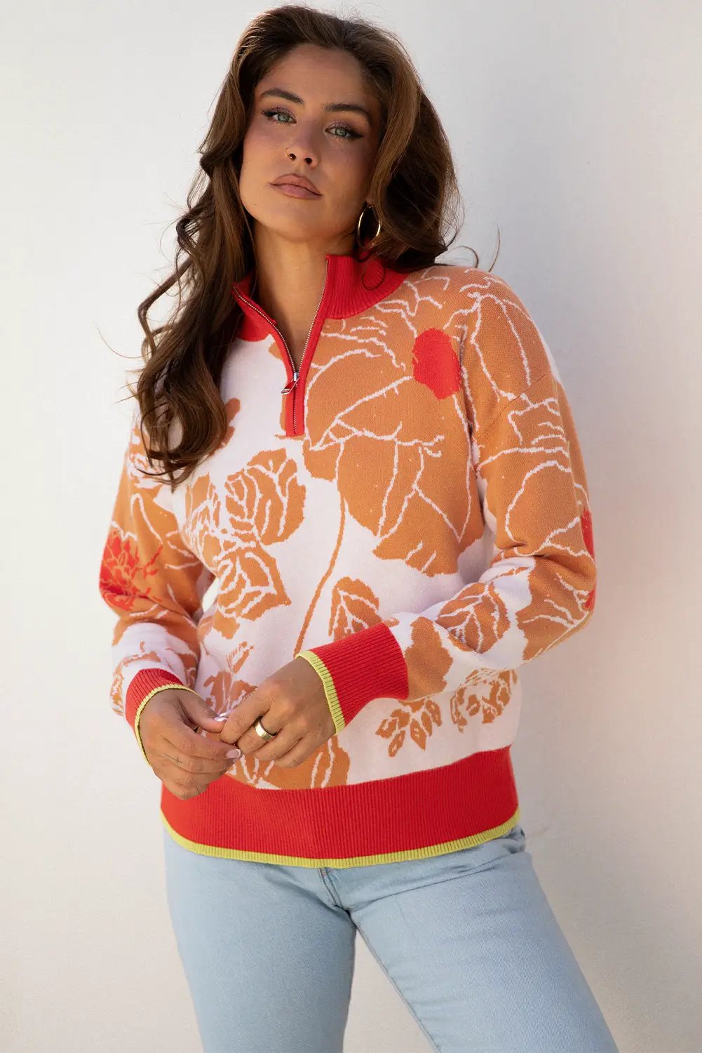 Grateful Threads Boutique Khaki Ribbed Detail Floral Pattern Knit Zip Collar Pullover Sweater - Sweaters Khaki Ribbed Detail Floral Pattern Knit Zip Collar Pullover Sweater