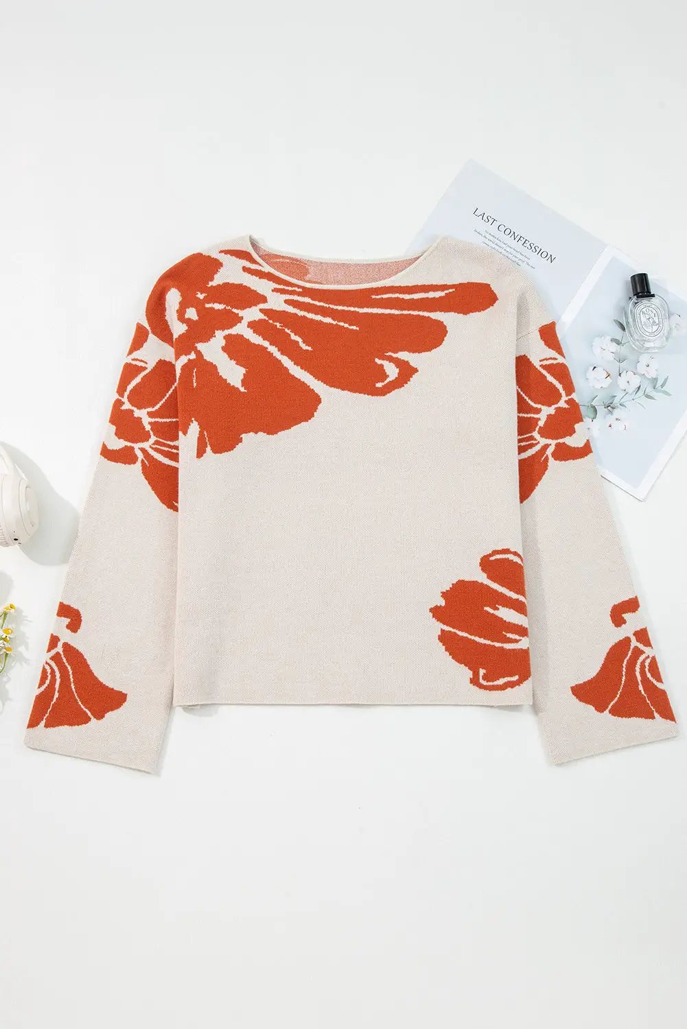 Grateful Threads Boutique Bold Flower Pattern Sweater - Sweaters Beige Bold Flower Pattern Southern Girl Baggy Sweater