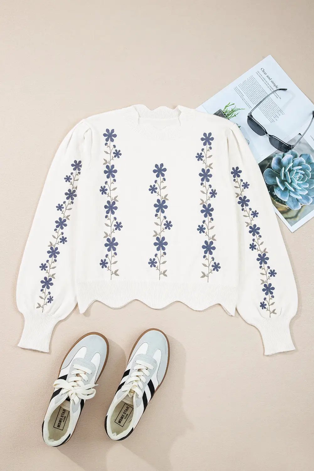 Grateful Threads Boutique White Floral Embroidered Scallop Trim Puff Sleeve Sweater - Sweaters White Floral Embroidered Scallop Trim Puff Sleeve Sweater