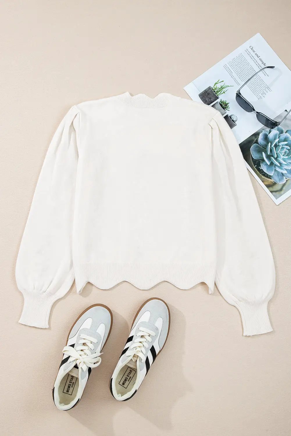 Grateful Threads Boutique White Floral Embroidered Scallop Trim Puff Sleeve Sweater - Sweaters White Floral Embroidered Scallop Trim Puff Sleeve Sweater