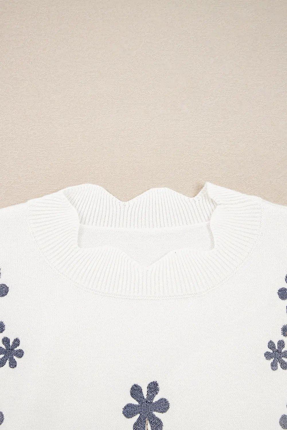 Grateful Threads Boutique White Floral Embroidered Scallop Trim Puff Sleeve Sweater - Sweaters White Floral Embroidered Scallop Trim Puff Sleeve Sweater