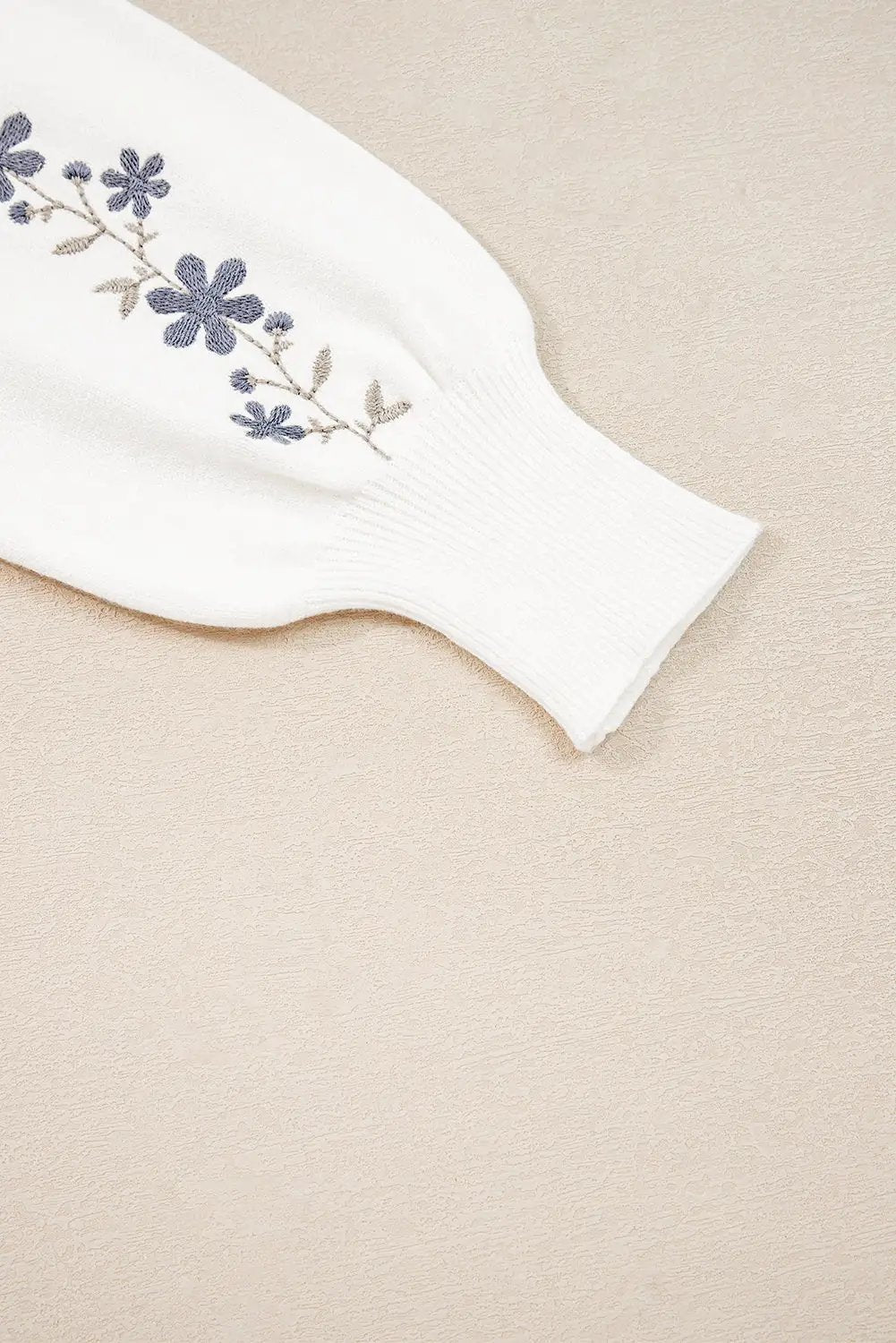 Grateful Threads Boutique White Floral Embroidered Scallop Trim Puff Sleeve Sweater - Sweaters White Floral Embroidered Scallop Trim Puff Sleeve Sweater