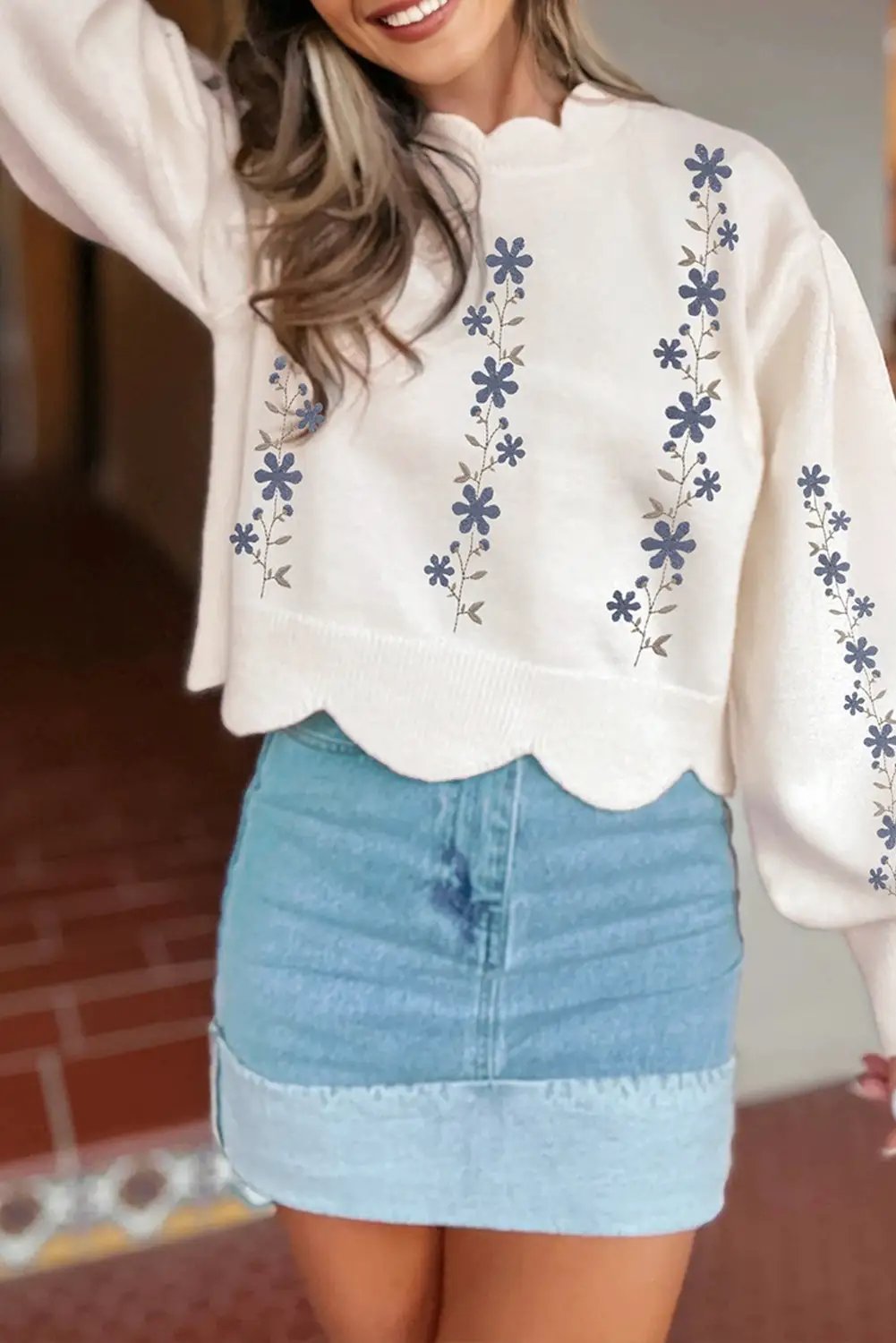 Grateful Threads Boutique White Floral Embroidered Scallop Trim Puff Sleeve Sweater - Sweaters White Floral Embroidered Scallop Trim Puff Sleeve Sweater