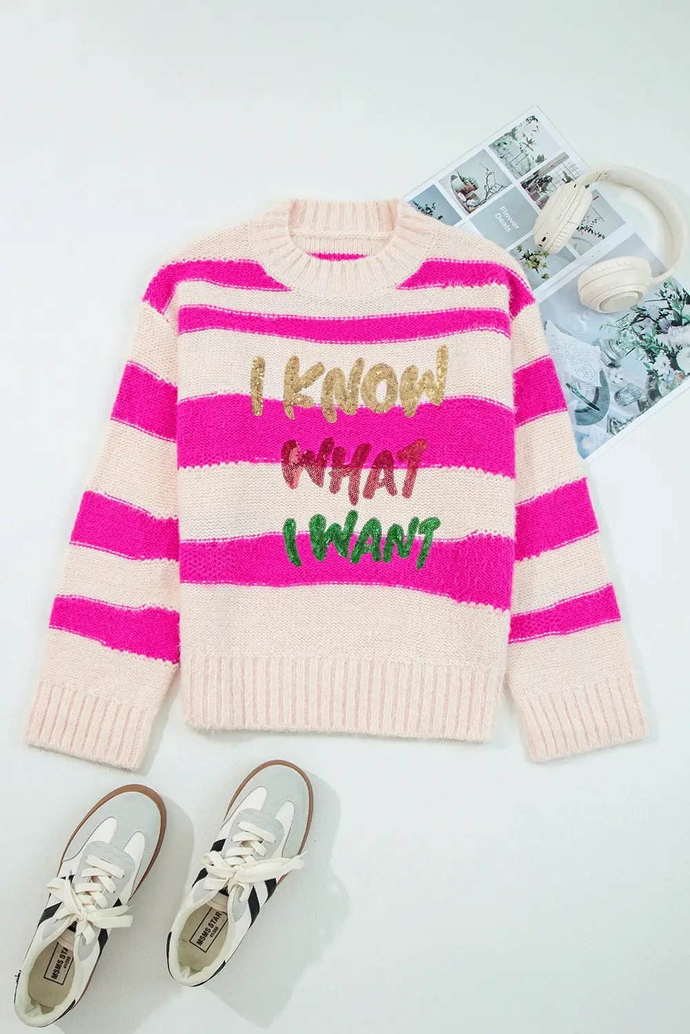 Grateful Threads Boutique “I Know What I Want” Sequin Stripe Sweater - Sweaters Rose Red I KNOW WHAT I WANT Sequin Letter Patched Loose Sweater