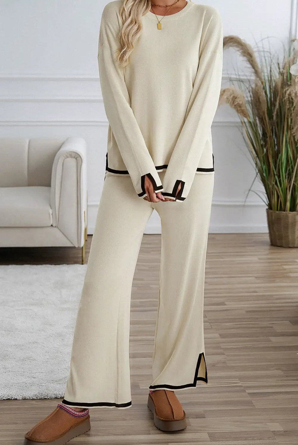 Grateful Threads Boutique Apricot with Black Trim Trendy Knit Outfit - Loungewear Bottoms