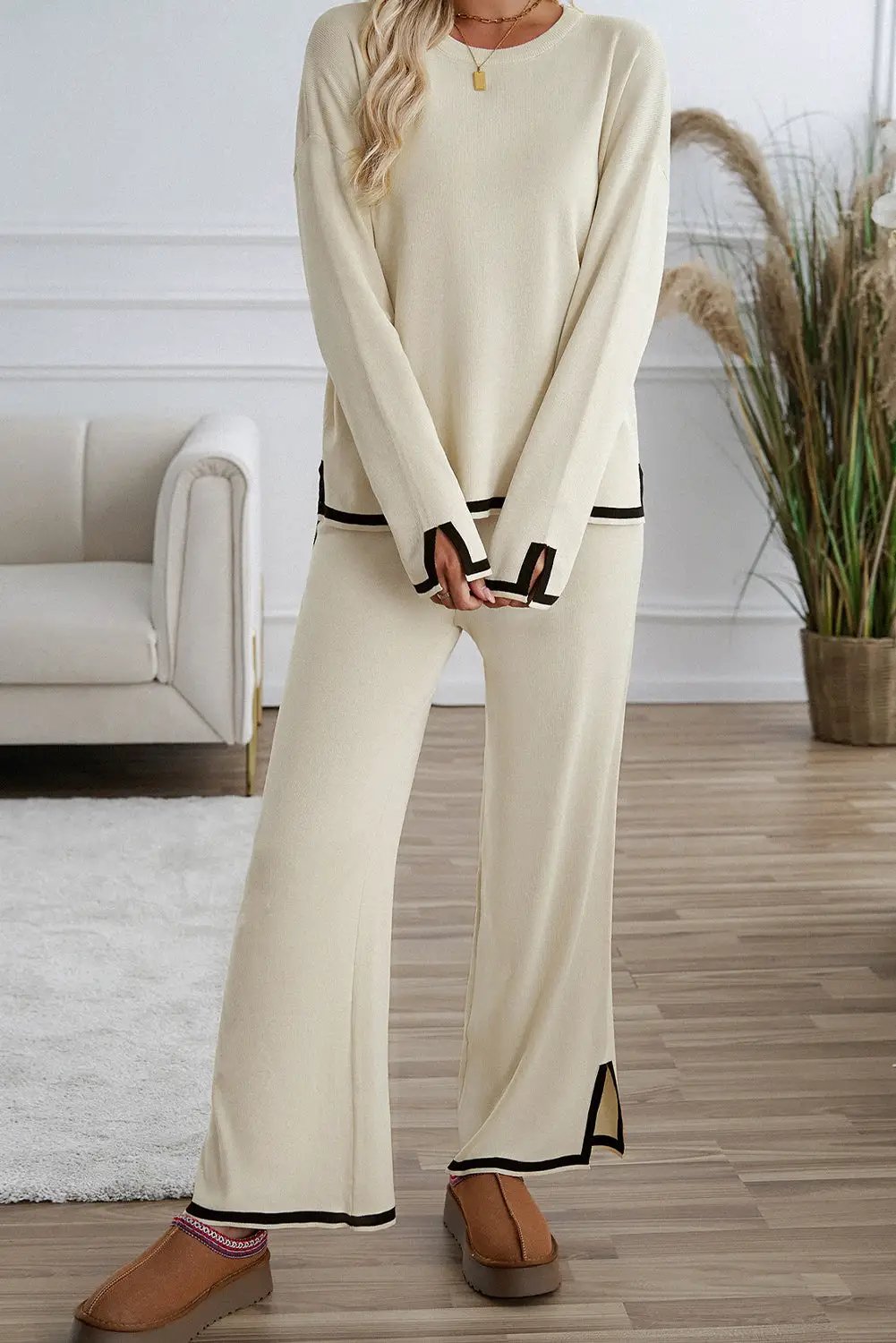 Grateful Threads Boutique Apricot with Black Trim Trendy Knit Outfit - Loungewear Bottoms