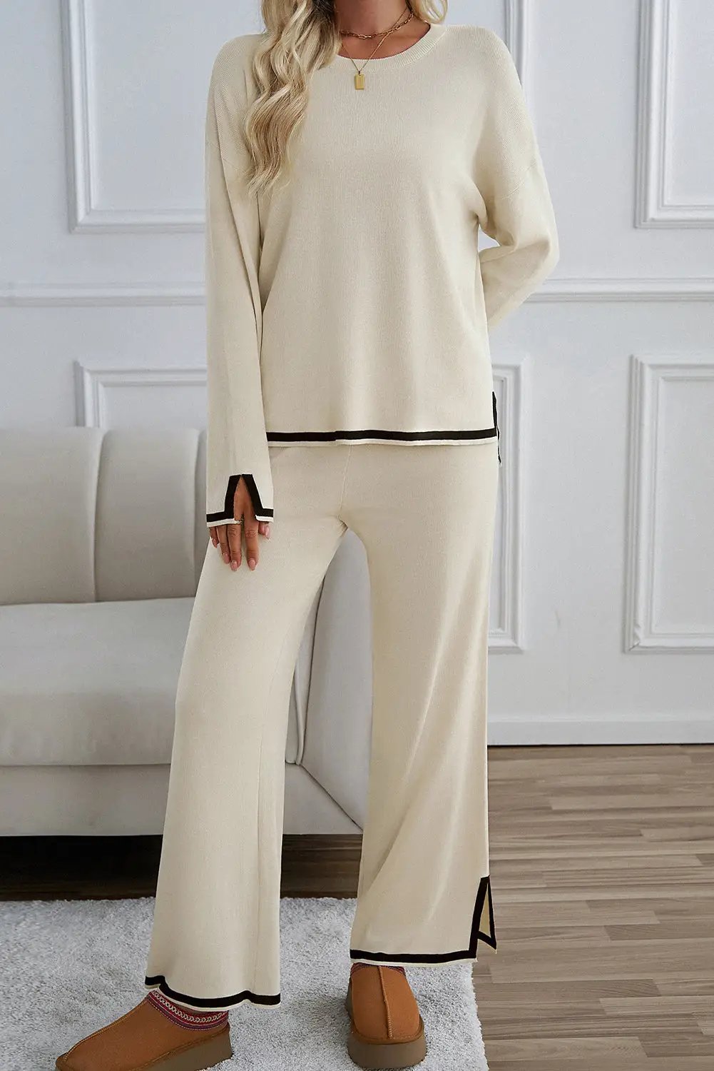 Grateful Threads Boutique Apricot with Black Trim Trendy Knit Outfit - Loungewear Bottoms