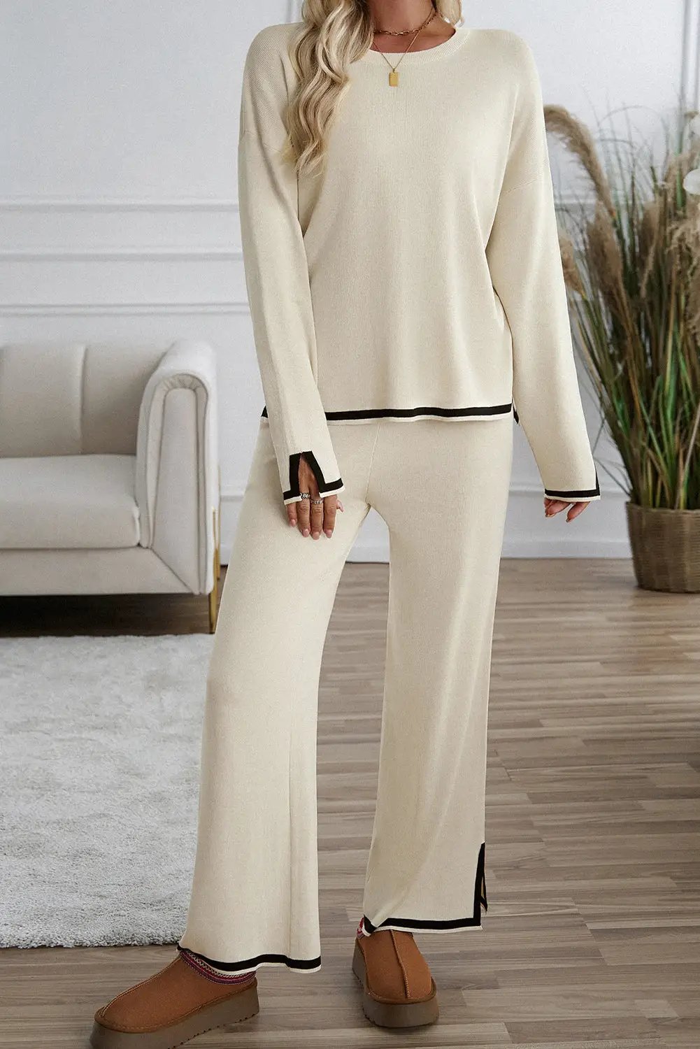 Grateful Threads Boutique Apricot with Black Trim Trendy Knit Outfit - Loungewear Bottoms
