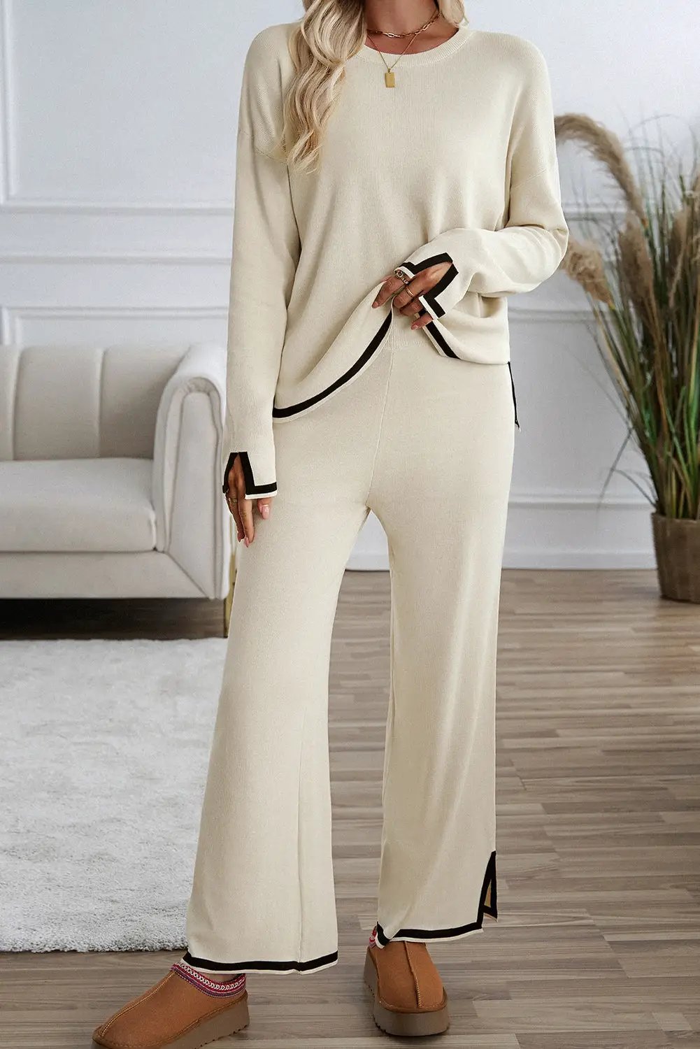 Grateful Threads Boutique Apricot with Black Trim Trendy Knit Outfit - Loungewear Bottoms