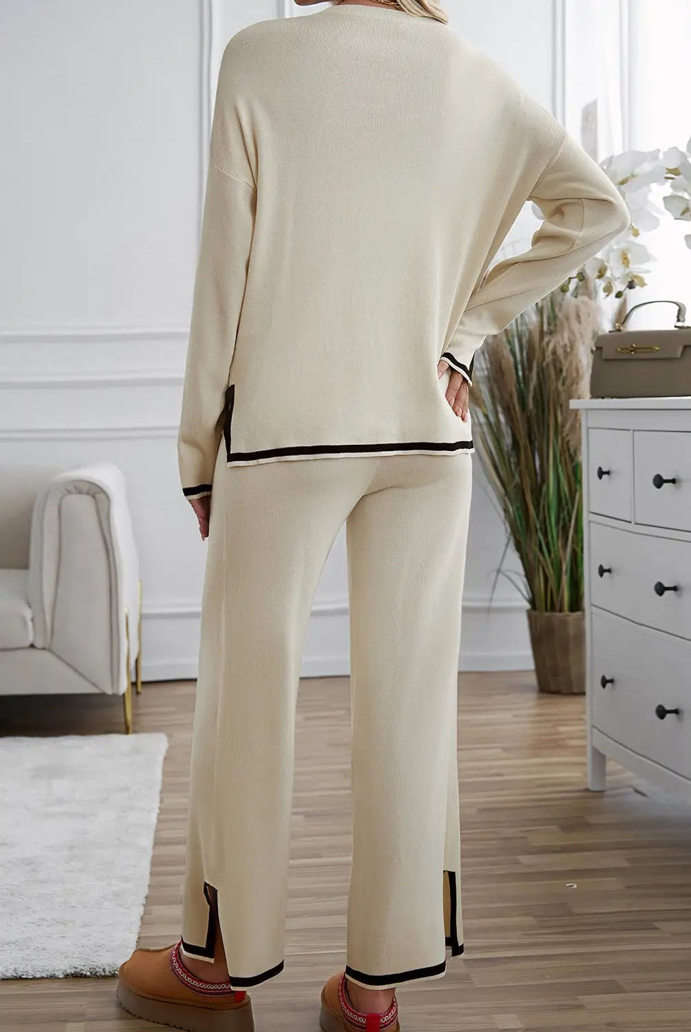 Grateful Threads Boutique Apricot with Black Trim Trendy Knit Outfit - Loungewear Bottoms