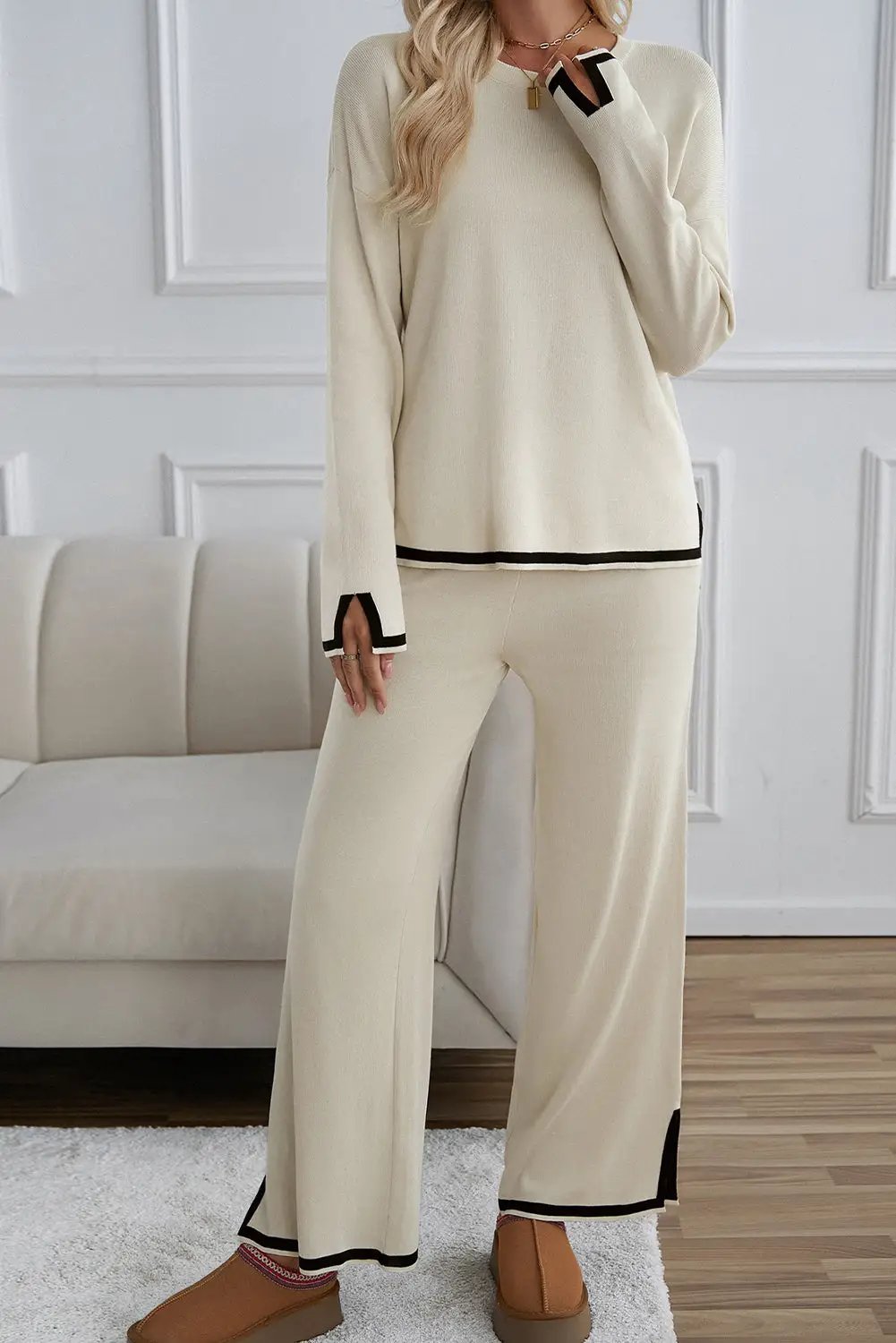 Grateful Threads Boutique Apricot with Black Trim Trendy Knit Outfit - Loungewear Bottoms