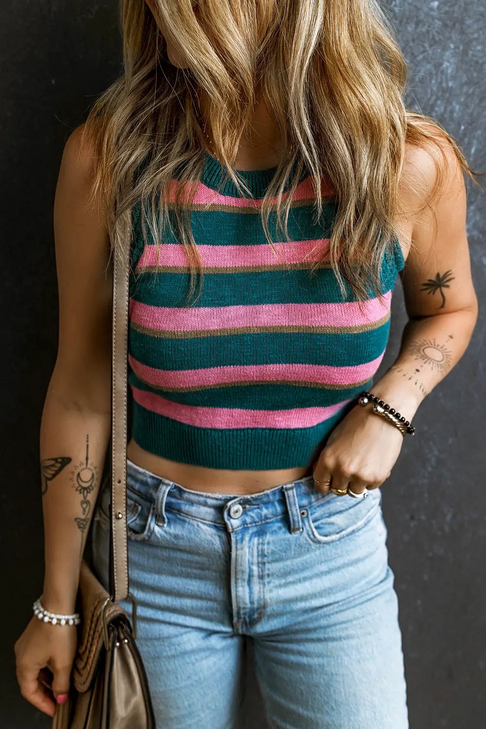 Grateful Threads Boutique Sleeveless Striped Print Cropped Knit Sweater Top - Clothing Tops