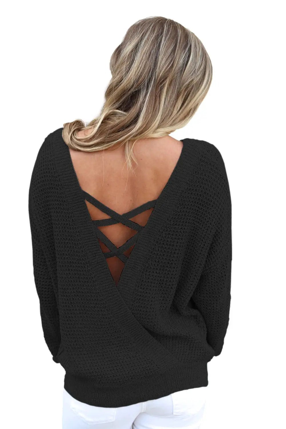 Grateful Threads Boutique Black Criss Cross Back Sweater - Sweaters