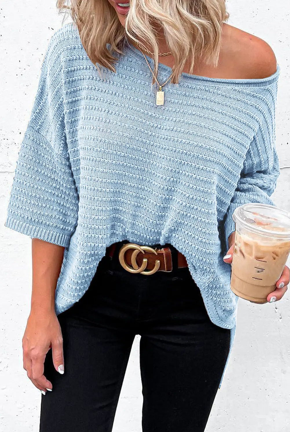 Grateful Threads Boutique Sky Blue Textured Knit Drop Shoulder Short Sleeve Sweater - Sweaters Sky Blue Textured Knit Drop Shoulder Short Sleeve Sweater