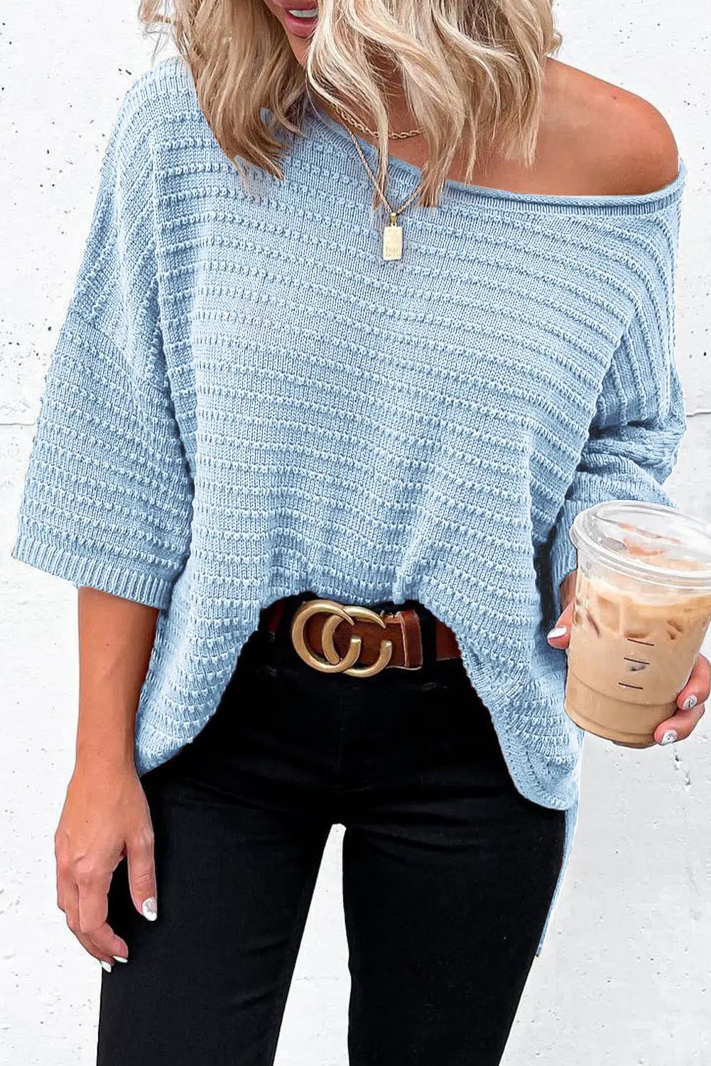 Grateful Threads Boutique Sky Blue Textured Knit Drop Shoulder Short Sleeve Sweater - Sweaters Sky Blue Textured Knit Drop Shoulder Short Sleeve Sweater