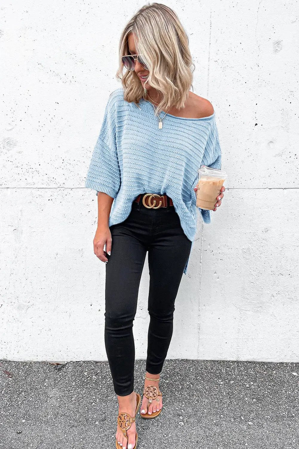 Grateful Threads Boutique Sky Blue Textured Knit Drop Shoulder Short Sleeve Sweater - Sweaters Sky Blue Textured Knit Drop Shoulder Short Sleeve Sweater