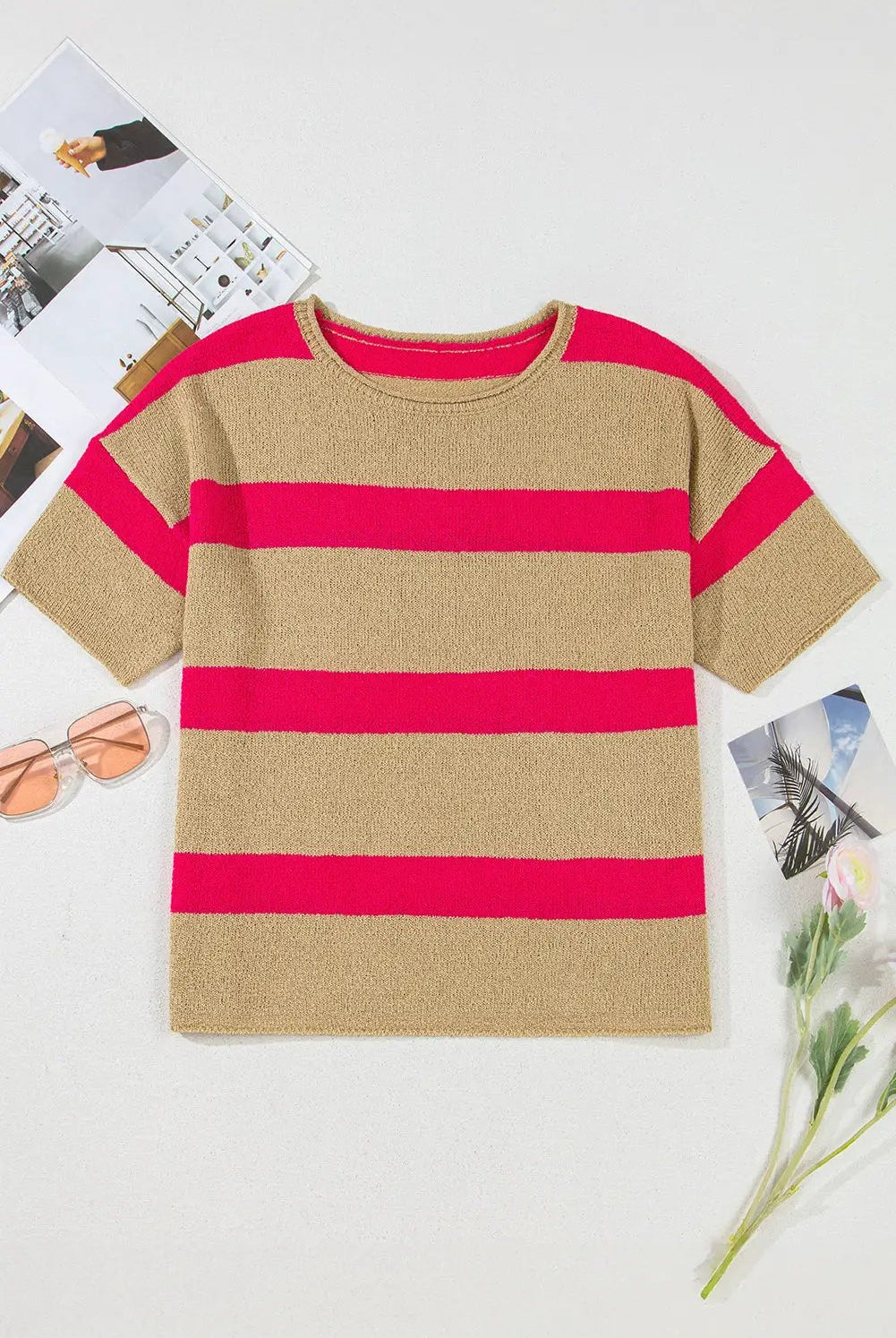Grateful Threads Boutique Pink Stripe Colorblock Short Sleeve Crew Neck Lightweight Sweater - Sweaters Pink Stripe Colorblock Short Sleeve Crew Neck Lightweight Sweater