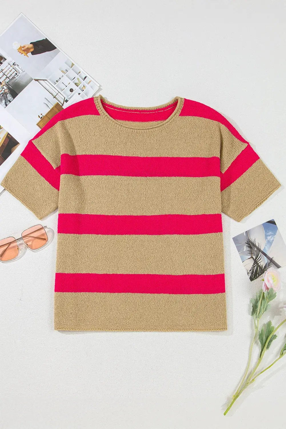 Grateful Threads Boutique Pink Stripe Colorblock Short Sleeve Crew Neck Lightweight Sweater - Sweaters Pink Stripe Colorblock Short Sleeve Crew Neck Lightweight Sweater