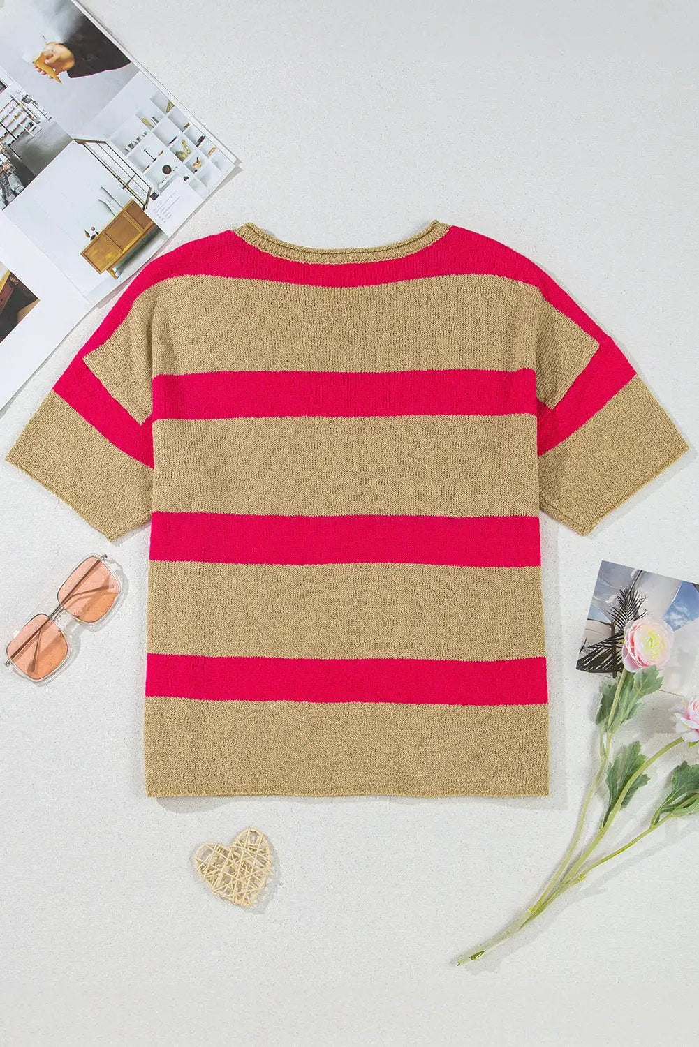 Grateful Threads Boutique Pink Stripe Colorblock Short Sleeve Crew Neck Lightweight Sweater - Sweaters Pink Stripe Colorblock Short Sleeve Crew Neck Lightweight Sweater