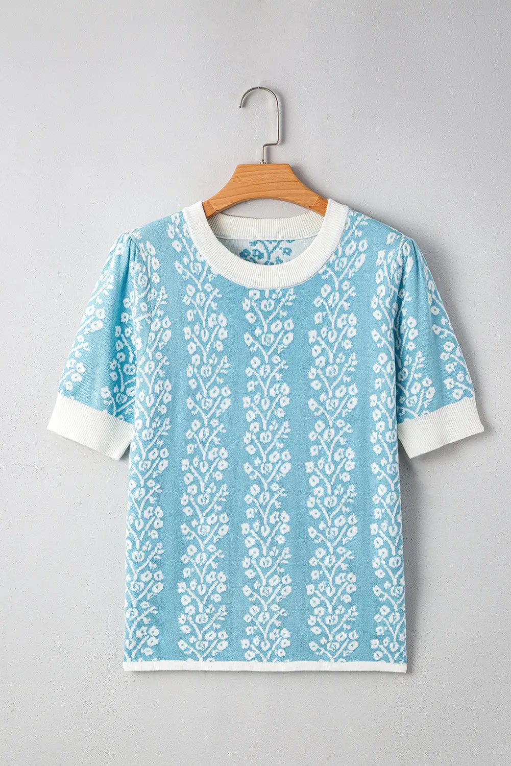 Grateful Threads Boutique Blue Skies & Blooms Crewneck Short Sleeve Knit Sweater - Sweaters Sky Blue Contrast Floral Crewneck Short Sleeve Sweater