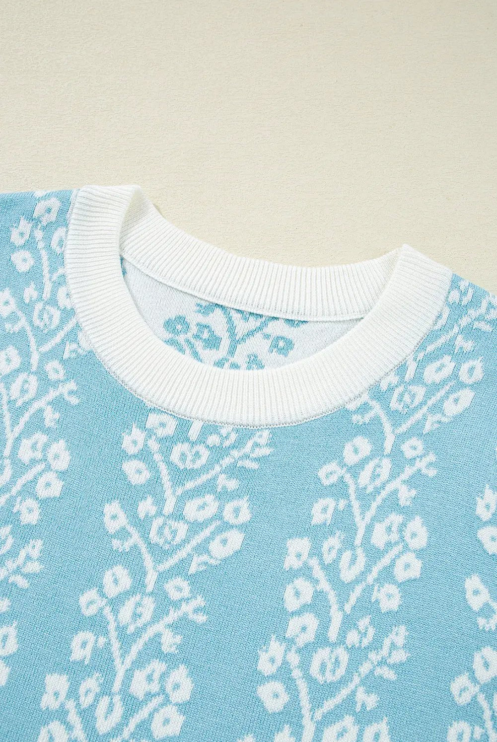 Grateful Threads Boutique Blue Skies & Blooms Crewneck Short Sleeve Knit Sweater - Sweaters Sky Blue Contrast Floral Crewneck Short Sleeve Sweater