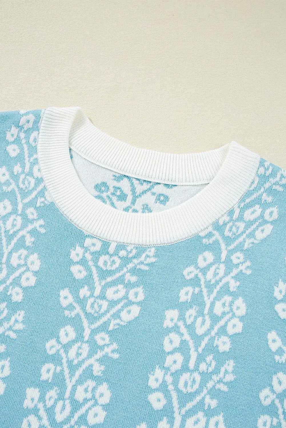 Grateful Threads Boutique Blue Skies & Blooms Crewneck Short Sleeve Knit Sweater - Sweaters Sky Blue Contrast Floral Crewneck Short Sleeve Sweater