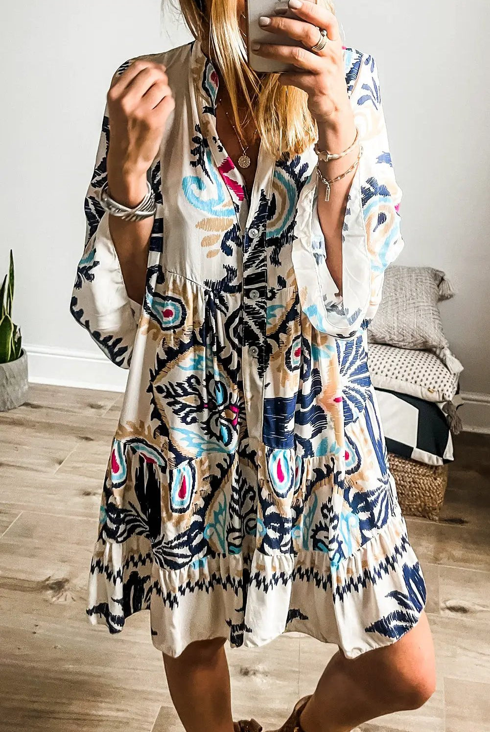 Grateful Threads Boutique White Printed Tribal Dress - Dresses