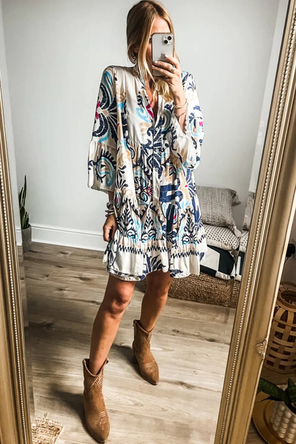 Grateful Threads Boutique White Printed Tribal Dress - Dresses